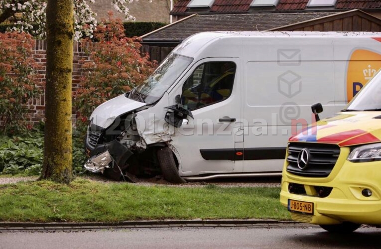 Bestelbus vliegt uit de bocht en ramt lantaarnpaal en boom